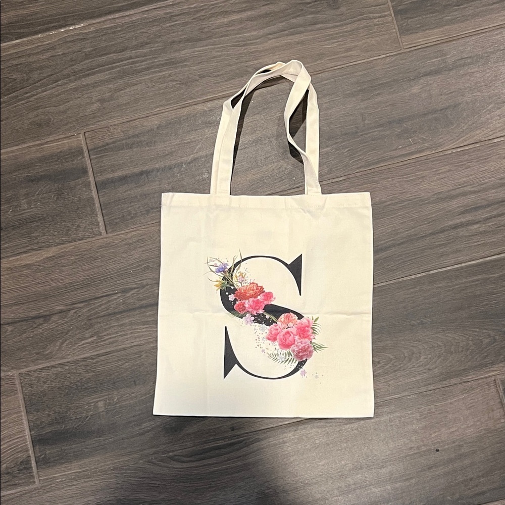 NEW Floral Canvas Tote Bag - Cream Letter S